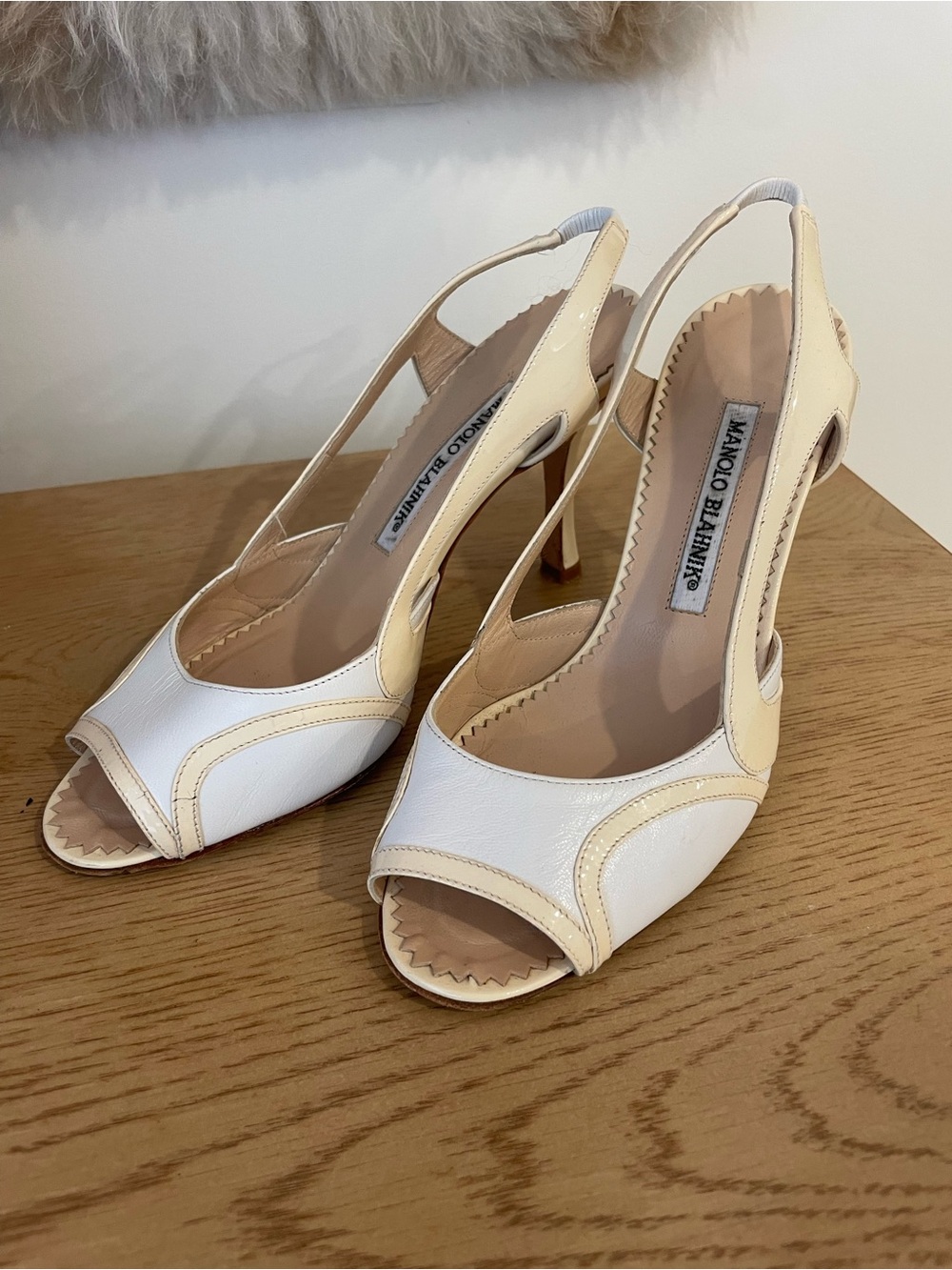 Manolo Blahnik White and Cream Peep-Toe Slingback Heels size 36.5